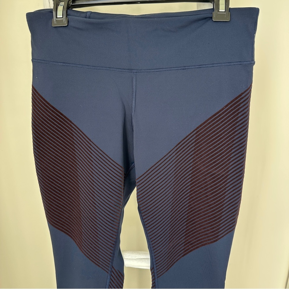 GAP Fit Sculpt Compression Moto Leggings Blue with Burgandy/Brown Stripes